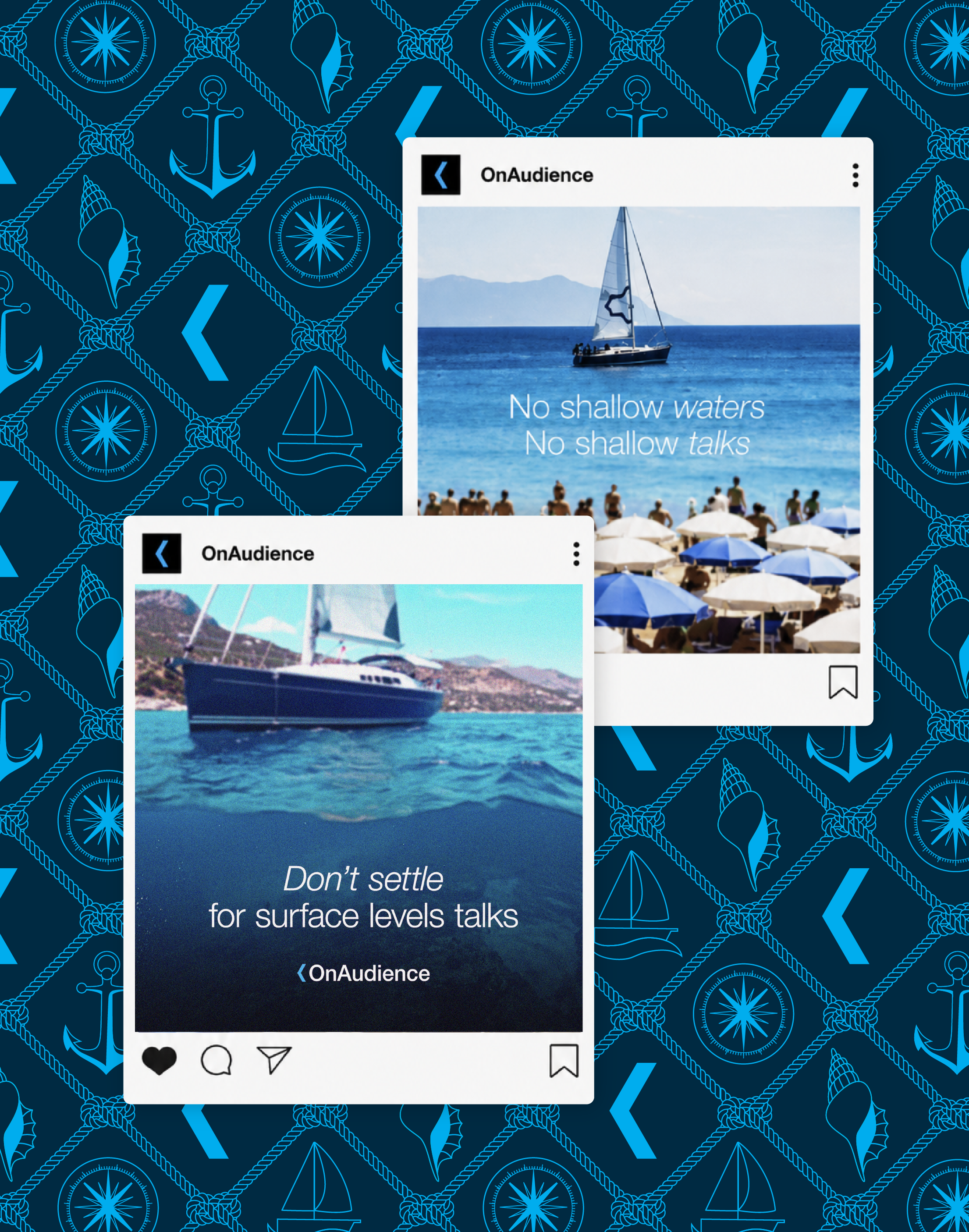OnAudience Cannes Lions Instagram posts — No shallow waters no shallow talks; Don't settle for surface level talks