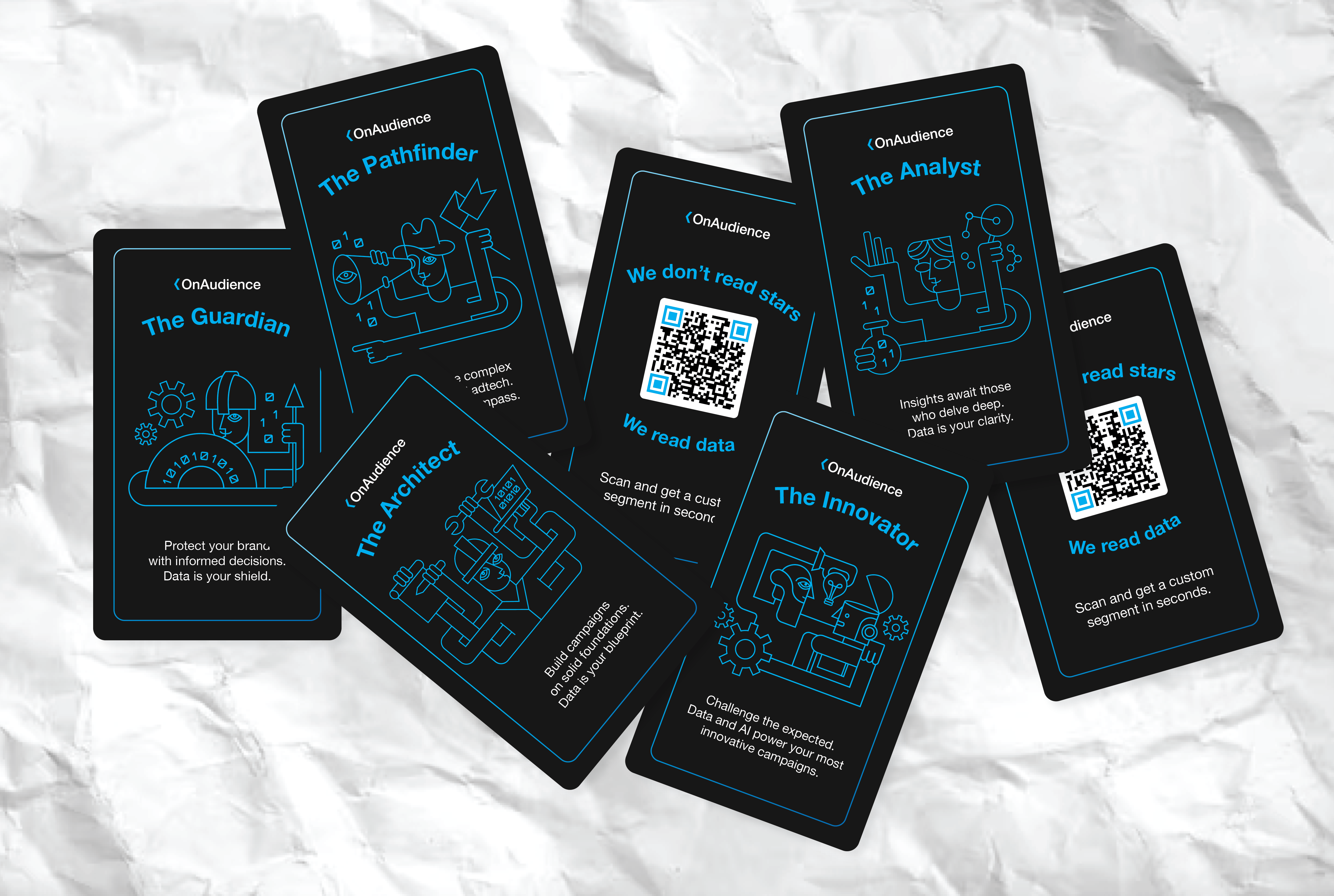 OnAudience tarot-style character cards — The Guardian, The Pathfinder, The Architect, The Analyst, The Innovator